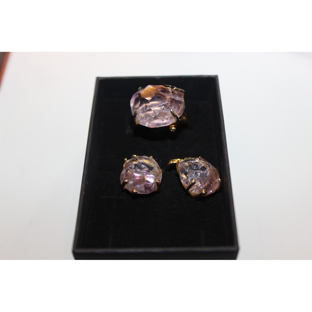 Amethyst Raw Cut Gold Tone Jewelry Set Ring Size 10.5 and Lever Back Earrings